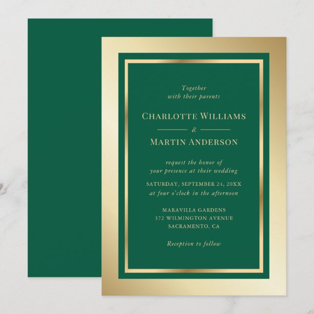Elegant Emerald Green and Gold Wedding Einladung (Vorne/Hinten)