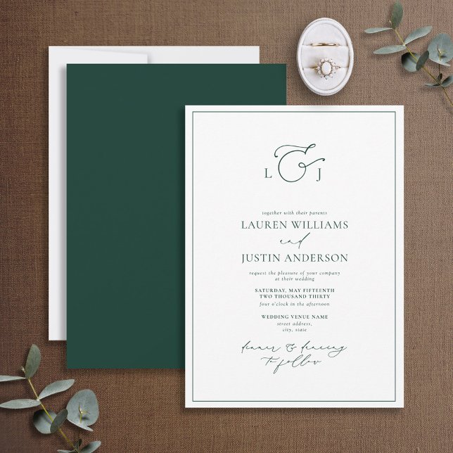 Elegant Emerald Green Calligraphy Monogram Wedding Einladung (Von Creator hochgeladen)
