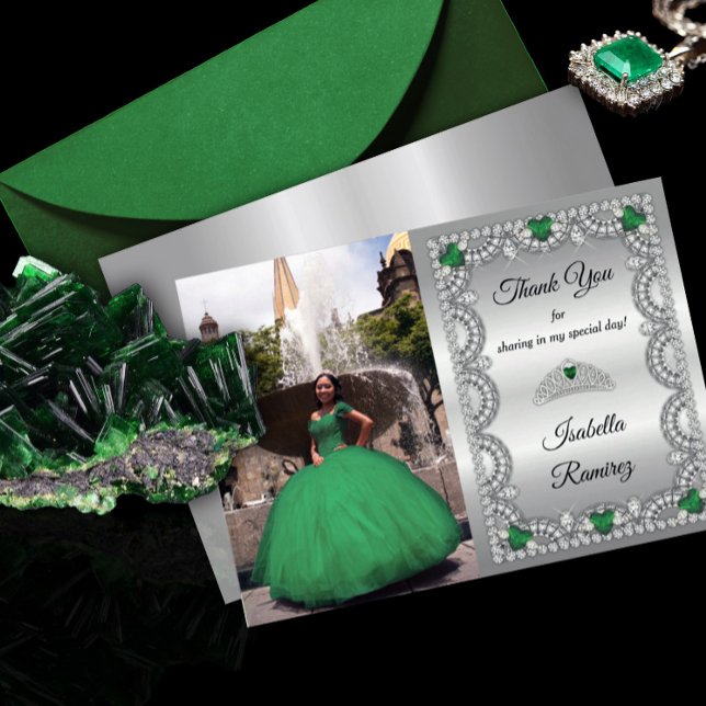 Elegant Emerald Green | Diamond Crown Quinceañera Dankeskarte (Von Creator hochgeladen)