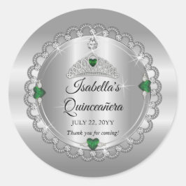 Elegant Emerald Green | Diamond Crown Quinceañera Runder Aufkleber