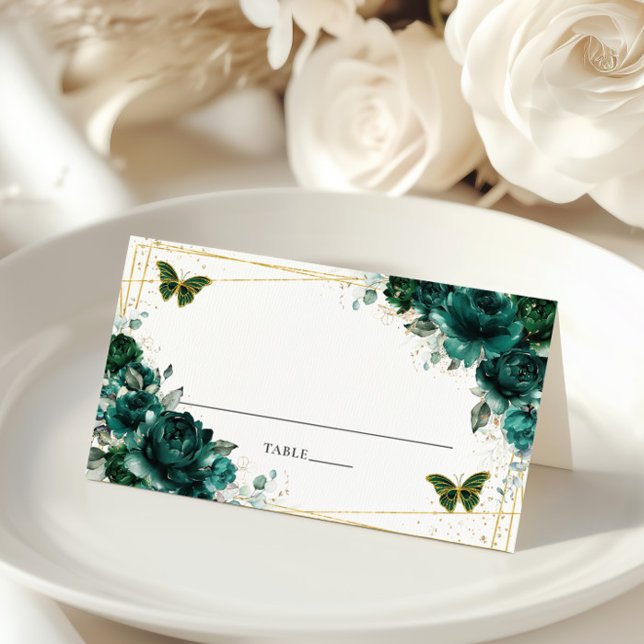 Elegant Emerald Green Floral Butterflies Wedding  Platzkarte (Von Creator hochgeladen)