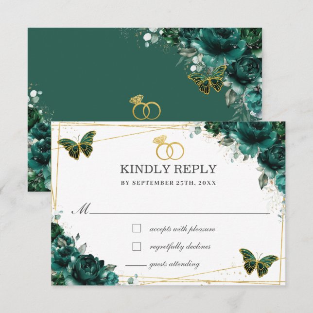 Elegant Emerald Green Floral Butterflies Wedding RSVP Karte (Vorne/Hinten)
