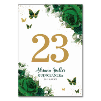 Elegant Emerald Green Floral Gold Butterflies  Tischnummer