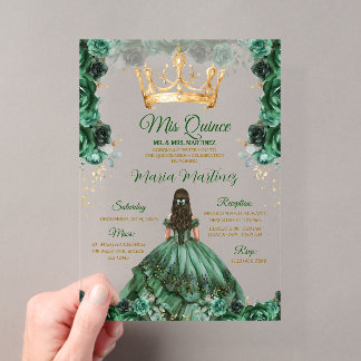 Elegant Emerald Green Floral Gold Crown Mis Quince Acryleinladungen