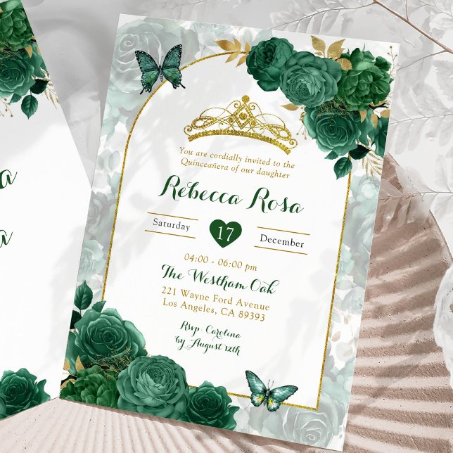 Elegant Emerald Green Floral Royal Quinceañera Einladung (Von Creator hochgeladen)
