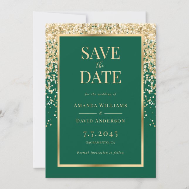 Elegant Emerald Green Gold Confetti Wedding Save The Date (Vorderseite)
