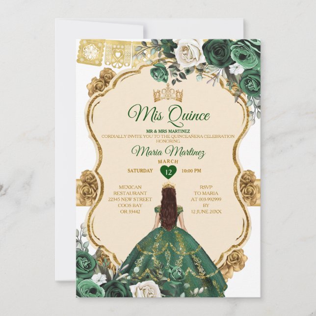 Elegant Emerald Green & Gold Crown Quinceñera Einladung (Vorderseite)