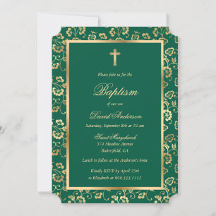 Elegant Emerald Green Gold Floral Boy Taufe Einladung
