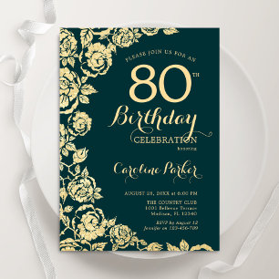 Elegant Emerald Green Gold Rose 80. Geburtstag Einladung
