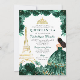 Elegant Emerald Green Gold Tiara Paris Quinceañera Einladung
