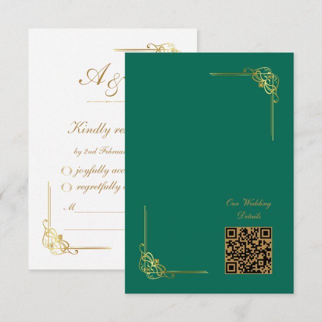 Elegant Emerald Green Gold Wedding Event QR Code RSVP Karte (Vorne/Hinten)