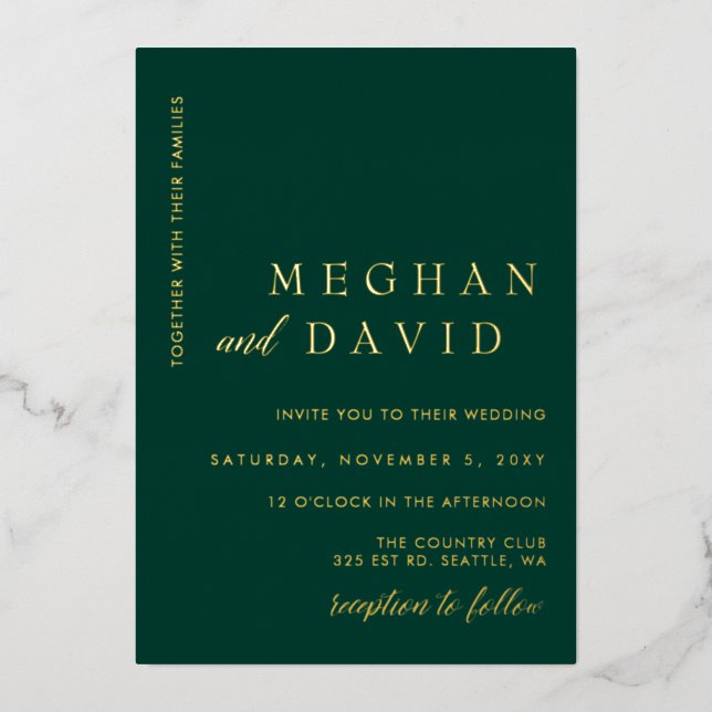 Elegant Emerald Green Gold Wedding Foil Einladung (Vorderseite)