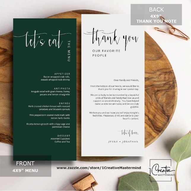 Elegant Emerald Green Modern Let's Eat Dinner Menu (Von Creator hochgeladen)