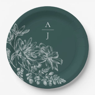 Elegant Emerald Green Monogram Floral Pappteller