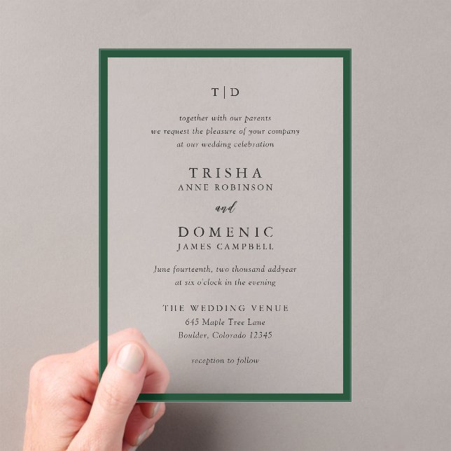 Elegant Emerald Green Monogram Modern Wedding Acryleinladungen (Insitu (Handheld))