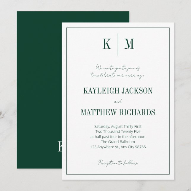 Elegant Emerald Green Monogram Wedding  Einladung (Vorne/Hinten)
