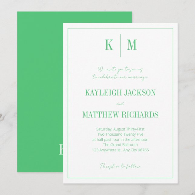 Elegant Emerald Green Monogram Wedding  Einladung (Vorne/Hinten)