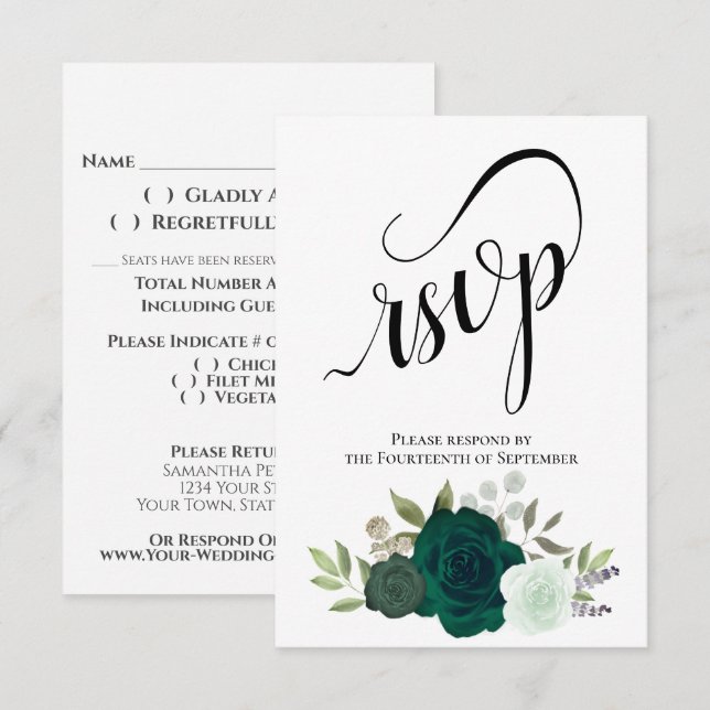 Elegant Emerald Green Rose Bouquet Wedding RSVP Karte (Vorne/Hinten)