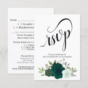 Elegant Emerald Green Rose Bouquet Wedding RSVP Karte