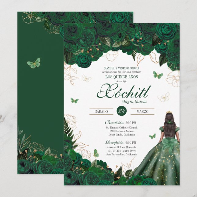 Elegant Emerald Green Rose Butterfly Quinceañera Einladung (Vorne/Hinten)