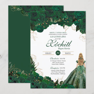 Elegant Emerald Green Rose Quince Anos Birthday I Einladung