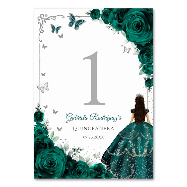 Elegant Emerald Green Roses Silver Quinceanera Tischnummer (Vorderseite)