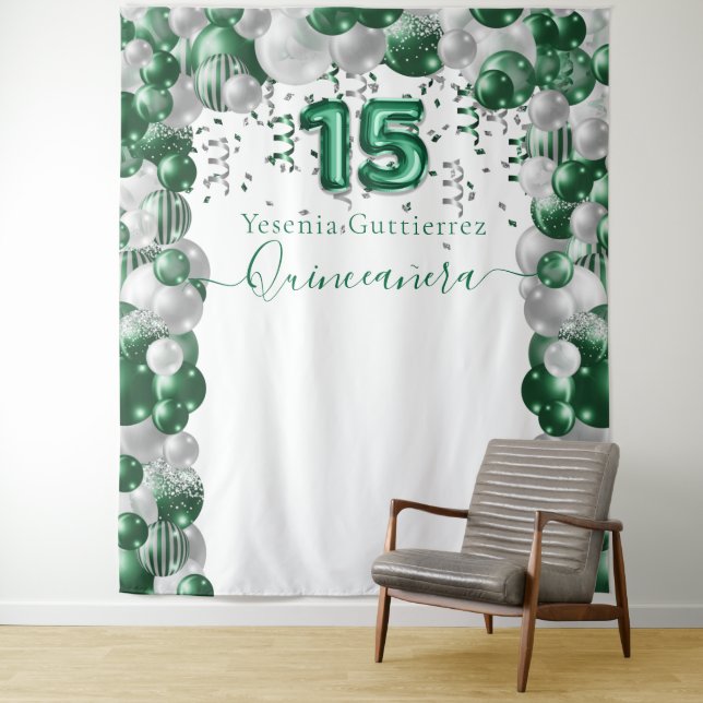 Elegant Emerald Green Sparkle Quinceañera Balloon Wandteppich (Beispiel)
