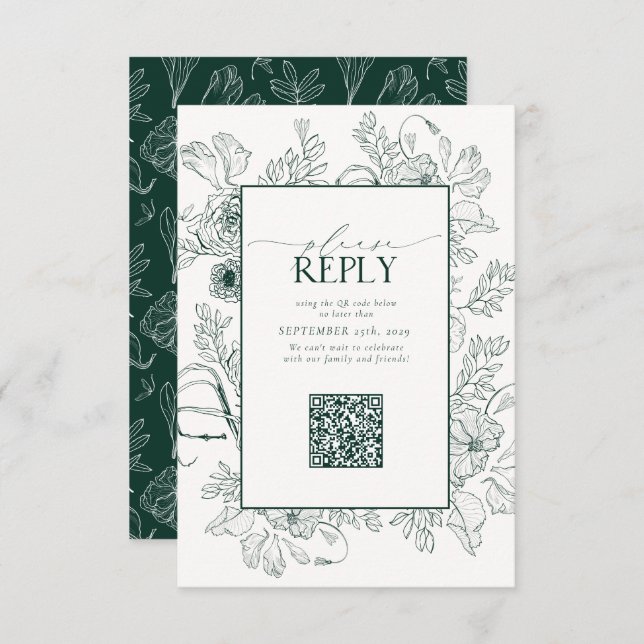 Elegant Emerald Green Wedding QR Code Bitte beantw RSVP Karte (Vorne/Hinten)