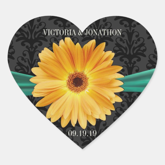 Elegant Emerald Green Yellow Gerber Daisy Wedding Herz-Aufkleber (Vorderseite)