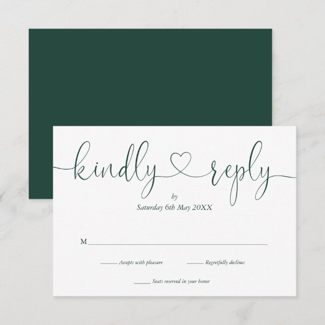 Elegant Emerald White Script Herzlich Willkommen A RSVP Karte (Vorne/Hinten)