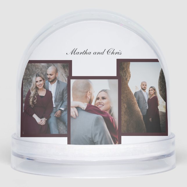 Elegant Engaged Married Script 3 Photo Collage Red Schneekugeln (Vorderseite)