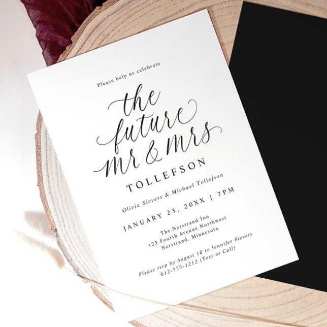 Elegant Engagement Party The Future Mr & Mrs Einladung (Elegant black and white engagement invitation with modern calligraphy reading “the future mr & mrs.”)