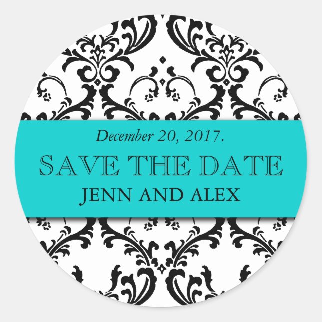 Élégant Enregistrer la date Damask Stickers Aqua B (Devant)
