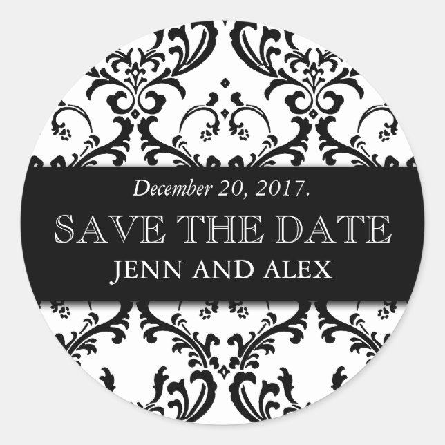 Élégant Enregistrer la date Damask Stickers Black (Devant)