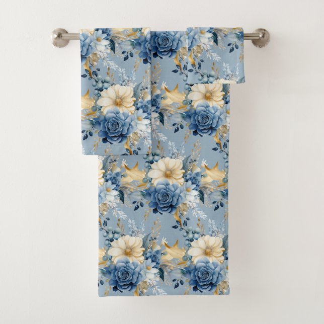 Élégant ensemble de serviettes Roses Blue Gold (En situation)