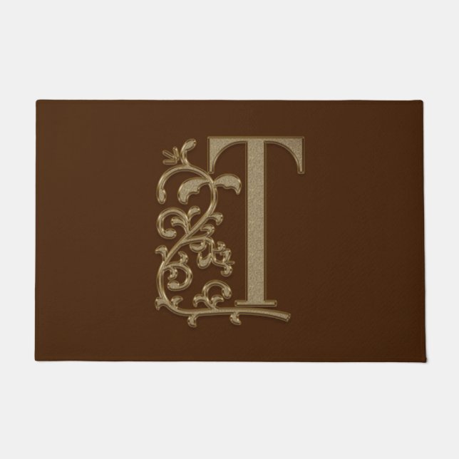 Elegant Entry Monogram T Initial on Brown Fußmatte (Vorderseite)