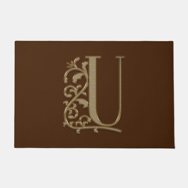 Elegant Entry Monogram U Initial on Brown Fußmatte (Vorderseite)