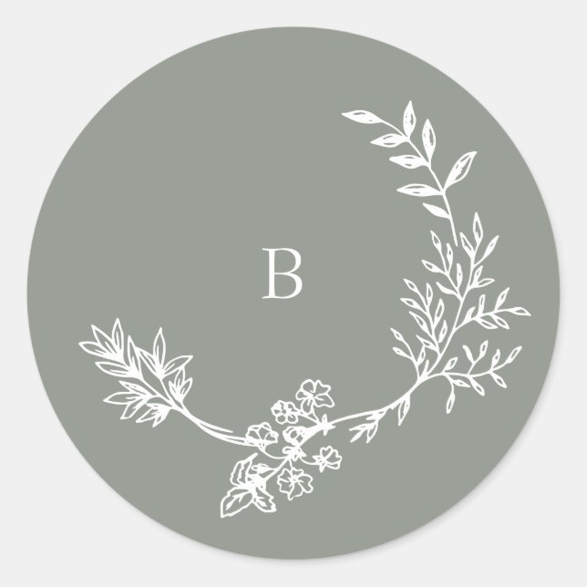 Elegant Envelope Sage Green Floral Monogram Kranz Runder Aufkleber (Vorderseite)