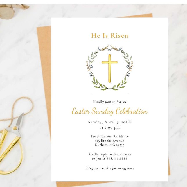 Elegant Er ist Risen Gold Cross Christlich Ostern Einladung (Von Creator hochgeladen)