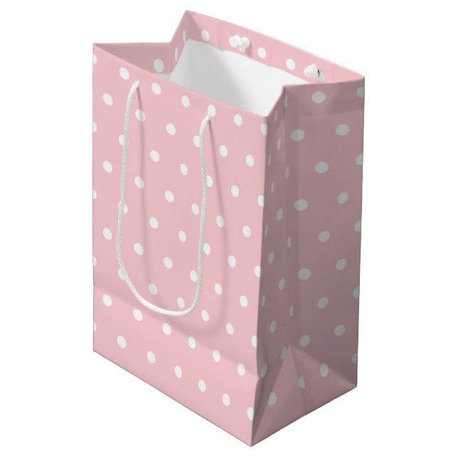 Elegant erröten rosa weiße Tupfen-Schablone Mittlere Geschenktüte (Vorderseite Schrägansicht)