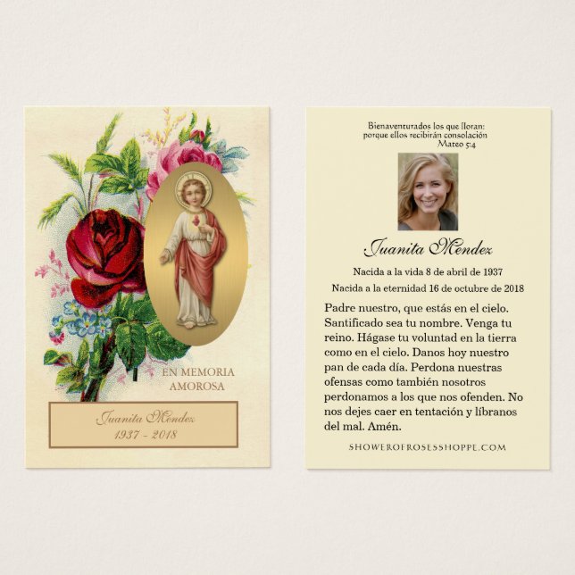 Elégant Espagnol Jésus Roses Carte de prière relig (Devant & derrière)