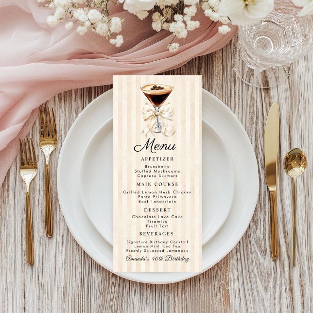 Elegant Espresso Martini Birthday Dinner Flat Menu Menükarte (Espresso martini Birthday dinner menu card)