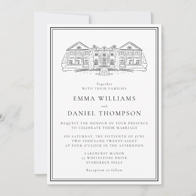 Elegant Estate Illustration Wedding Invitation Einladung (Vorderseite)