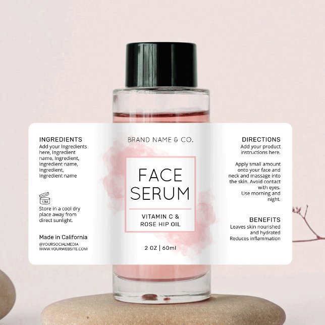Élégant Étiquette de bouteille cosmétique de soins (Feminine cosmetic bottle wrap around label with pink watercolor background and modern layout)