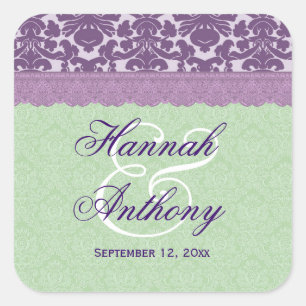 Elégant Étiquette de mariage PURPLE et MINT Damask