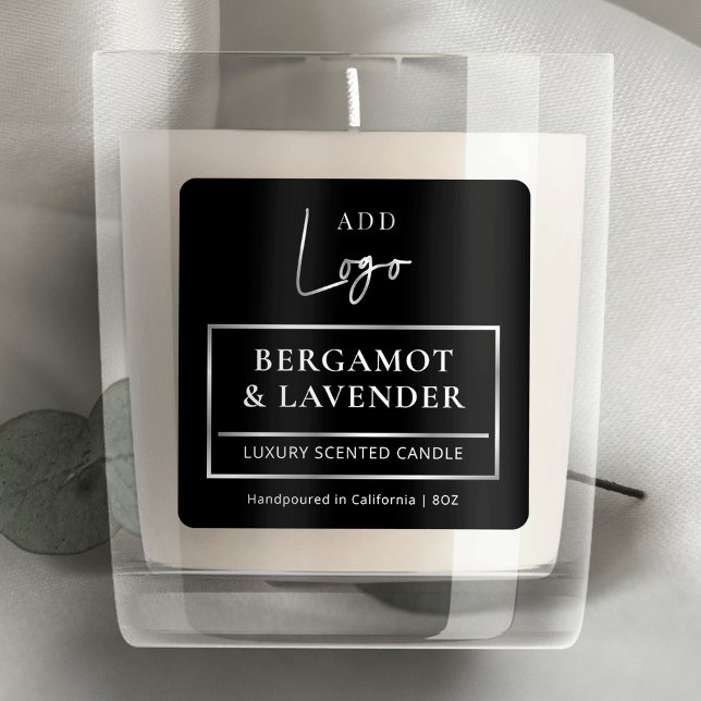 Élégant Étiquette de produit du logo en argent noi (Elegant square product label with faux silver effects and your brand logo)