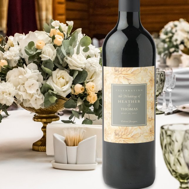 Élégant Étiquette de vin vert Sage jaune Floral (Créateur téléchargé)