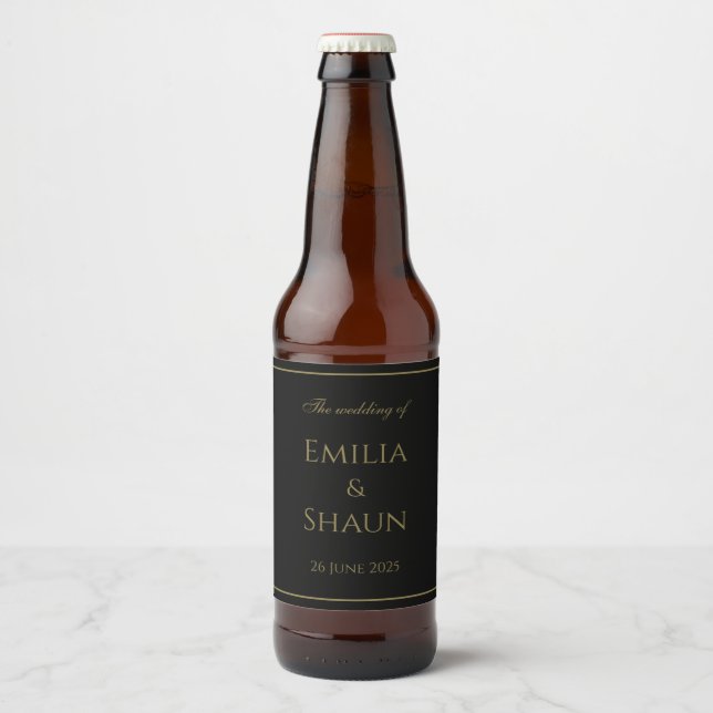 Élégant Étiquette Mariage de bière noir et or (Devant)