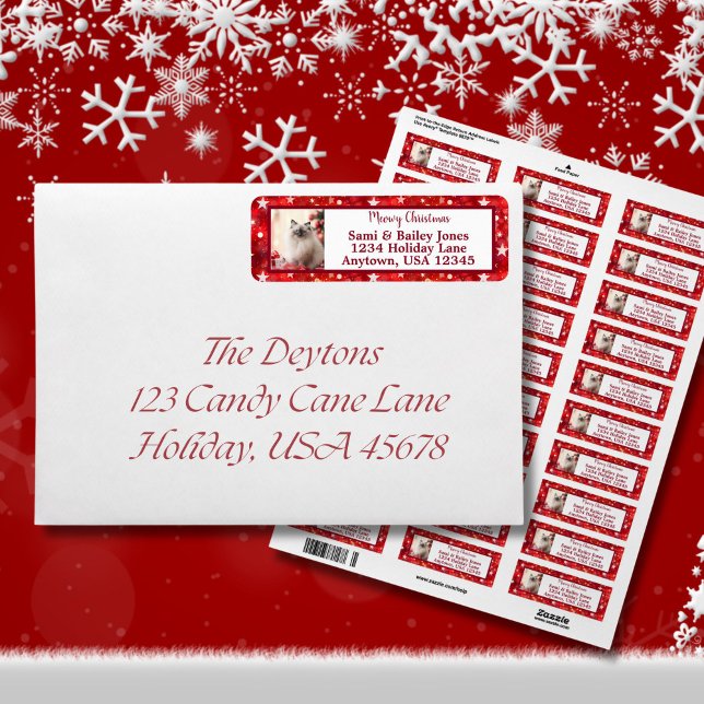 Élégant Étiquette photo de vacances en rouge et bl (Elegant Red and White Stars  Holiday Envelope Label)