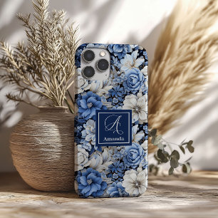 Élégant Étui iPhone Luxe Fleurs Ivoire Bleu Marine